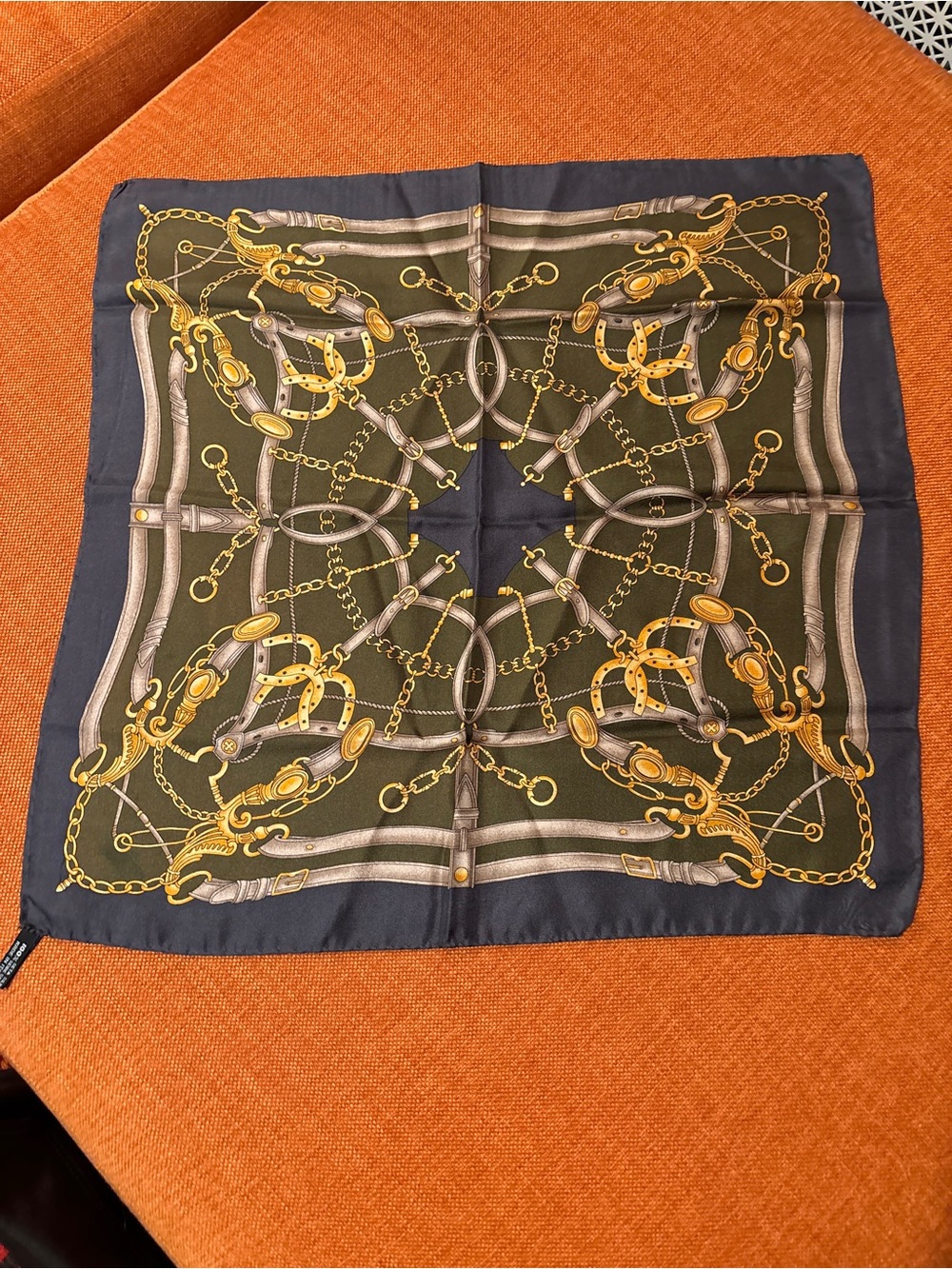 Italian Horsebit Silk Scarf in Olive, Gold and Navy